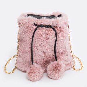 Faux Fur Pom Pom Bucket Bag Pink